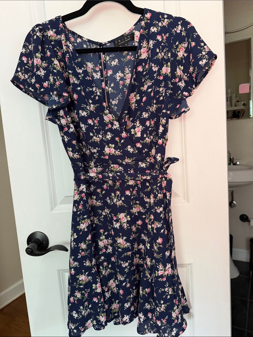 Trixxi Navy Dress with Pink and White Blossoms, Size Small